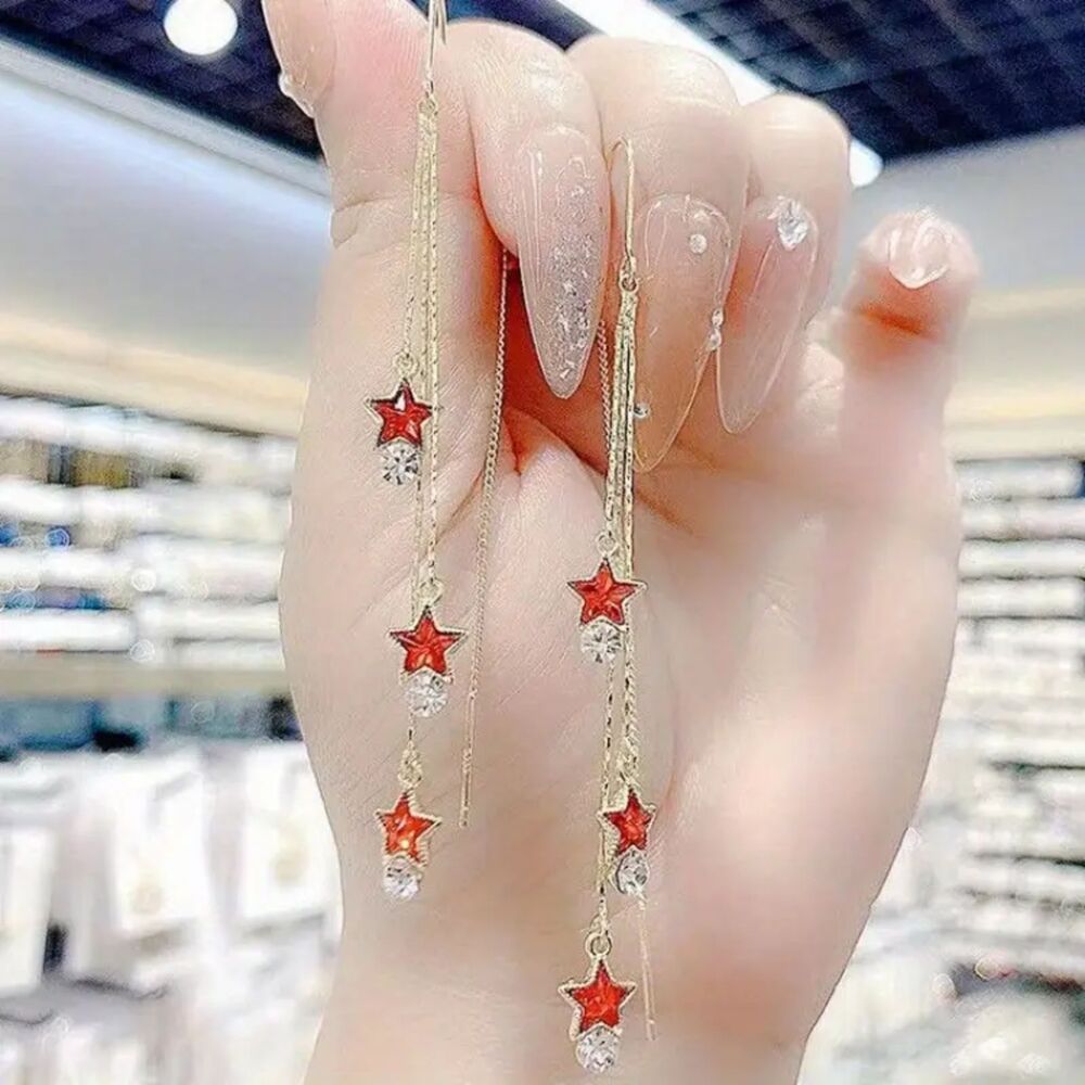 Red & Gold Star Dangle Earrings w/ Long Chain  - Statement Jewelry